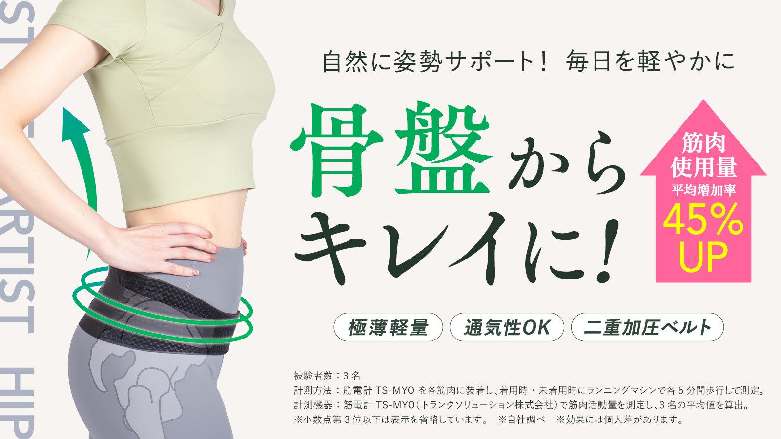 骨盤からキレイを整える。 極薄で通気性のよいベルトが、無理なく姿勢