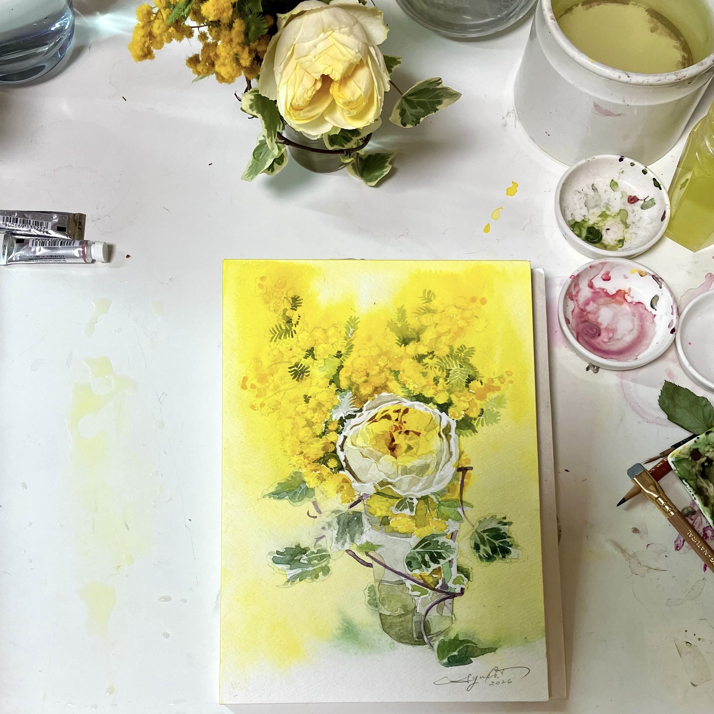 英国特注ストレート磁器】画家柘植彩子が美濃和紙と絹絵落款で包む最