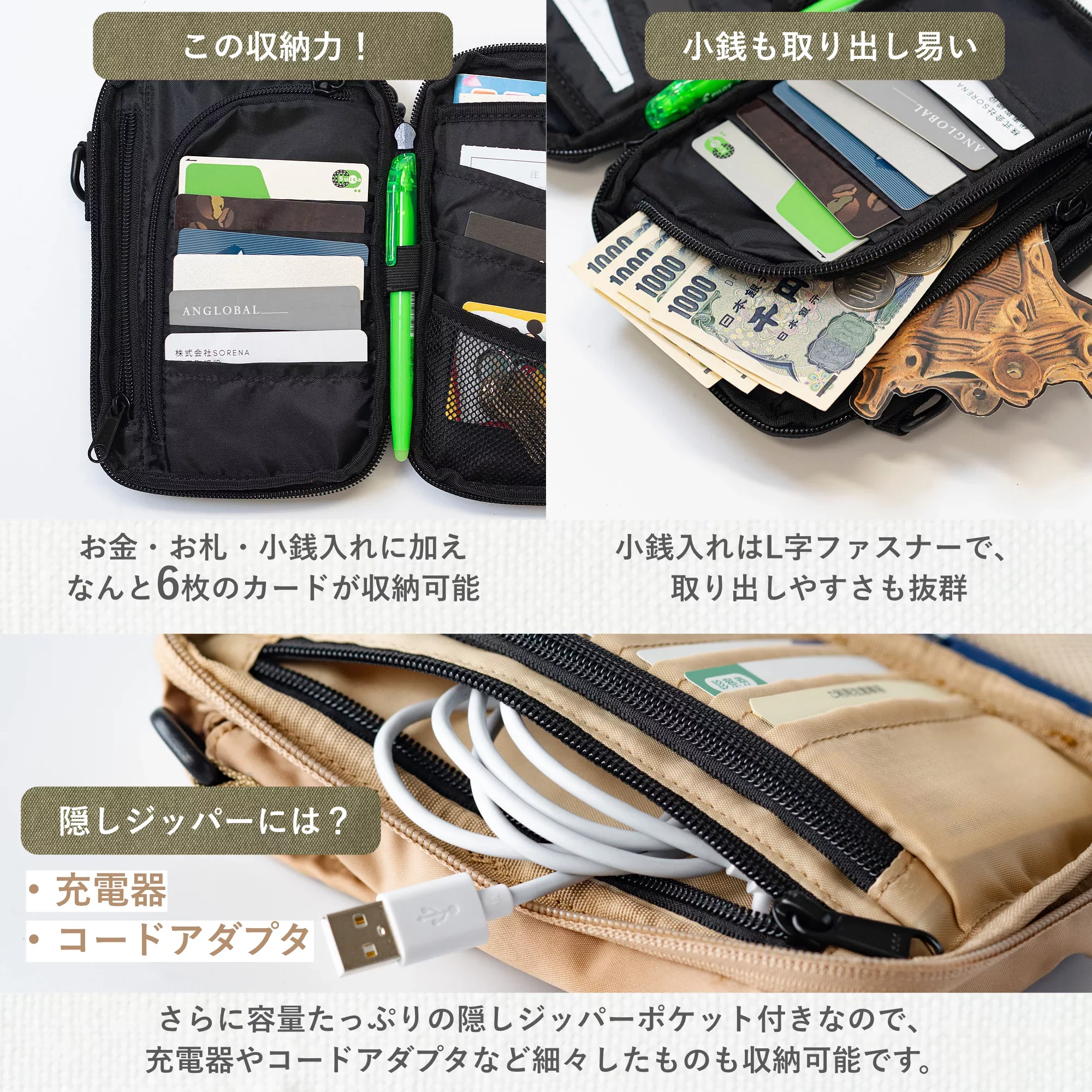 子どもとのお出かけも手ぶらでアクティブに！お財布+多機能ポケット 