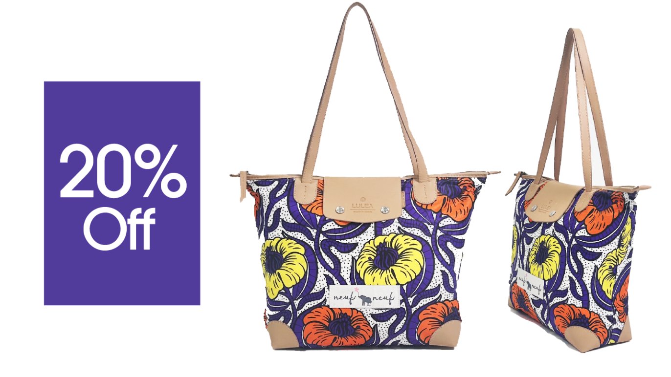 花と植物のアフリカプリントを施したトートバッグ【売上の一部を