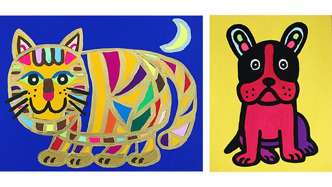 手づくりオリジナル絵画作品 原画「ポップな小鳥ブレーメン ライトマゼンダ」ふしぎな鳥の