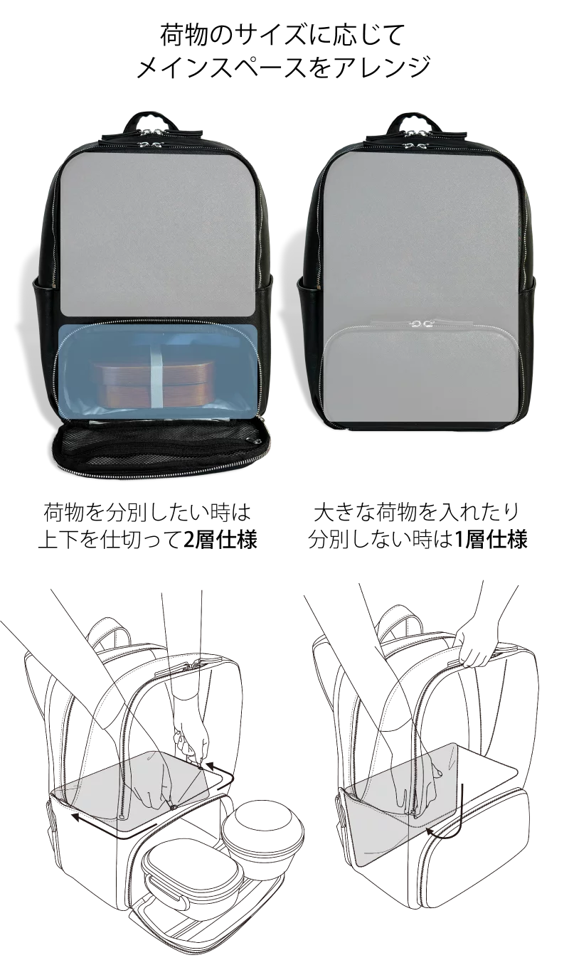 Piuno 『FloorSack』2階建て構造保温保冷スペース付き多機能リュック FLOORSACK│多彩なポケットで収納しやすく保冷・保温機能も備え