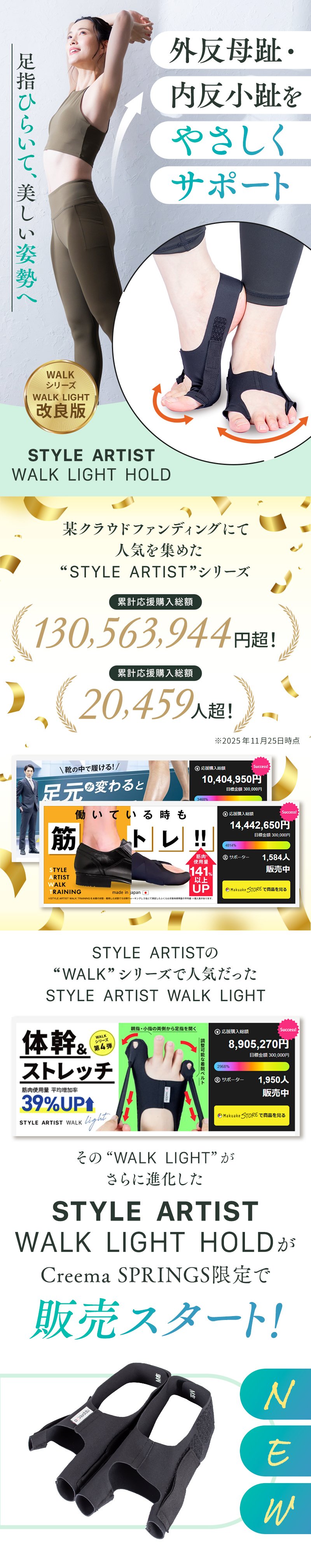 足指をひらいて歩き方を整える改良版サポーター。外反母趾・内反小趾の