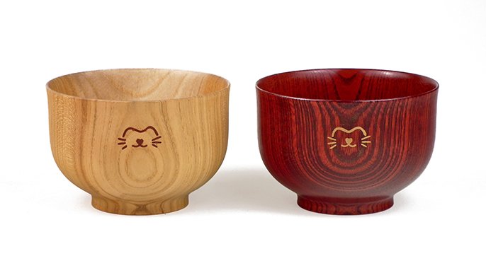 赤い漆器の椀 猫のデザイン 汁椀 ネコの後ろ姿 朱/溜 漆塗り 12-02007/02009 漆器の井助